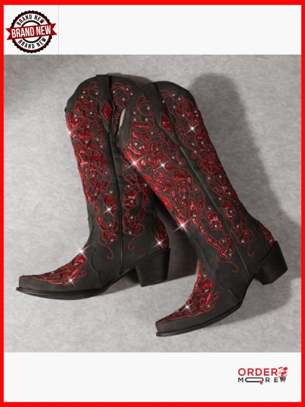 Mid Calf Cowboy Boots Rhinestone Glitter Chunky Heel Western Boots - Picture 5 of 6